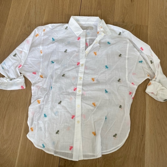 Embroidered cover up summer light gauzy button down Loft blouse size xs - Picture 1 of 4